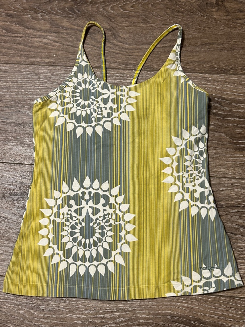 Patagonia Yellow and Olive Green Printed Spaghetti Strap Tank